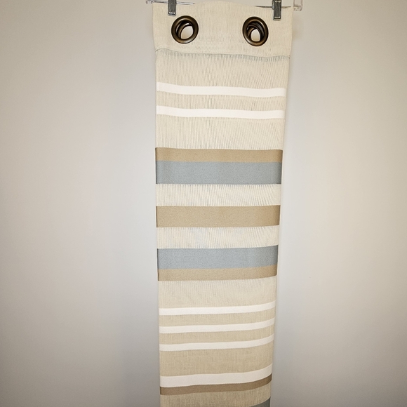 Two tan teal white cream striped 8 bronze grommet short drapes 50x67" - Picture 3 of 8